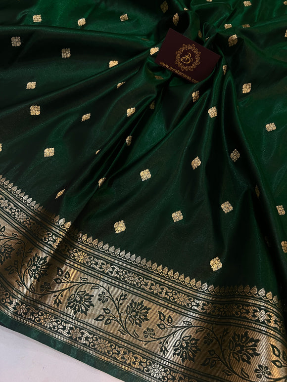 Bottle Green Banarasi Handloom Satin Silk Saree - Aura Benaras