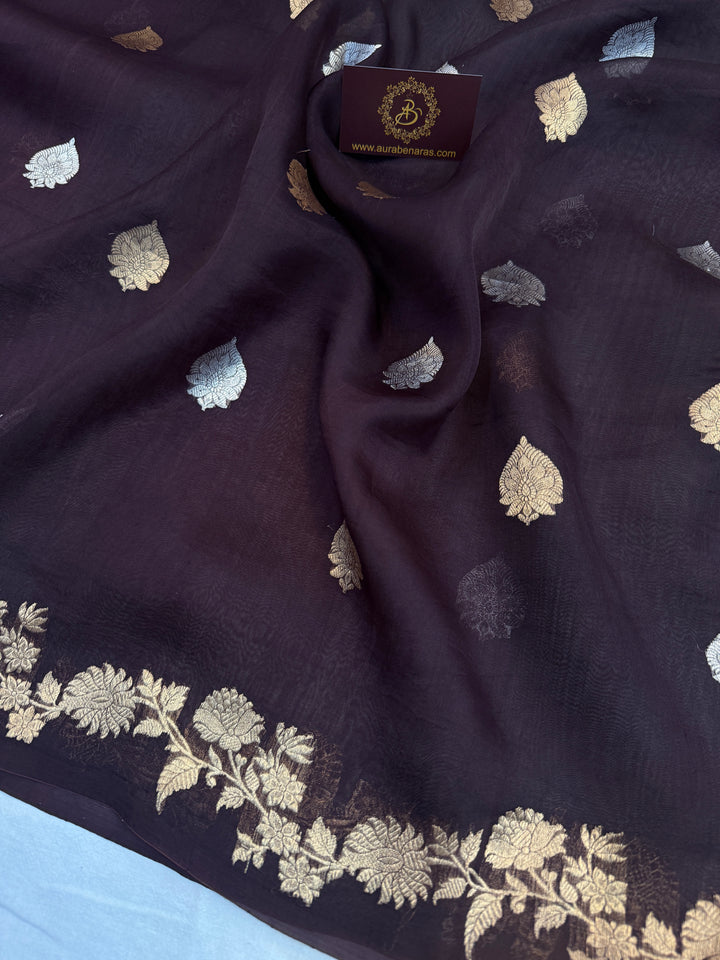 Brown Pure Kora Silk Handloom Banarasi Saree