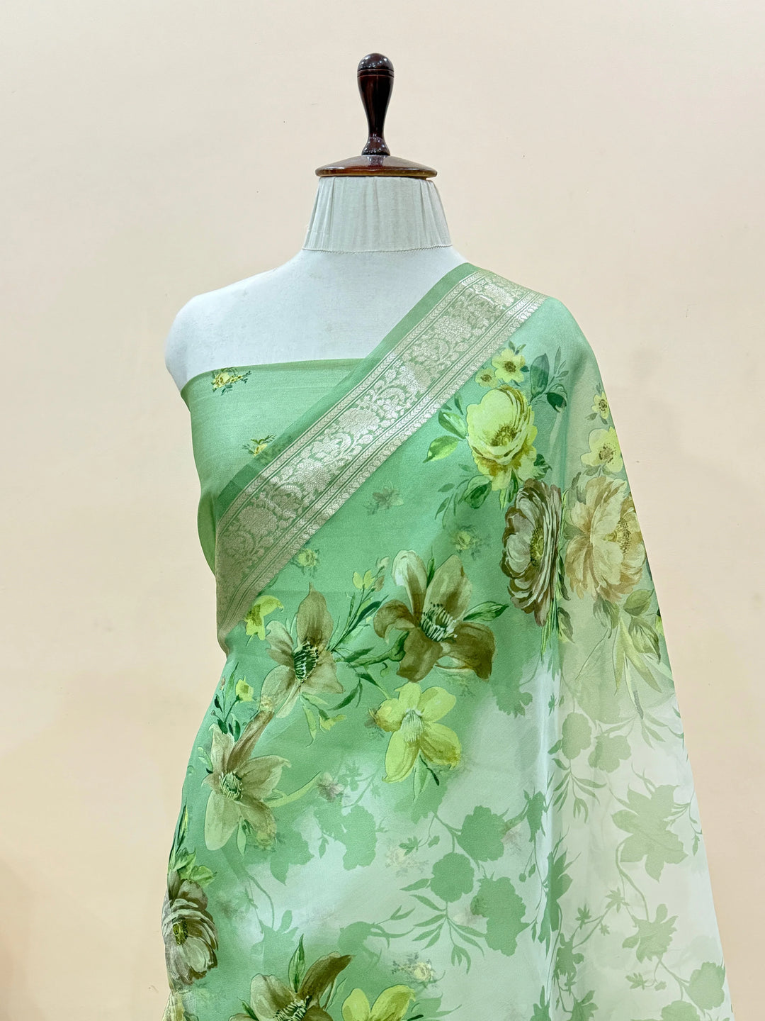 Green Kora Silk Saree with Digital Print & Chiniya Blouse