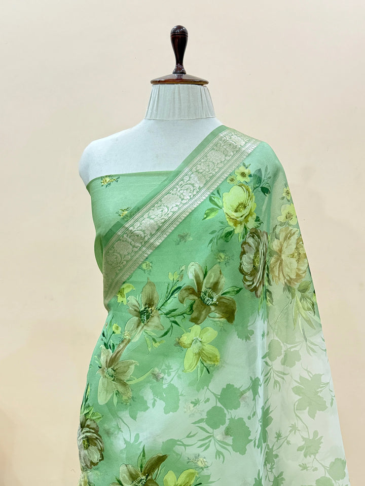 Green Kora Silk Saree with Digital Print & Chiniya Blouse