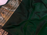 Bottle Green Banarasi Handloom Satin Silk Saree - Aura Benaras