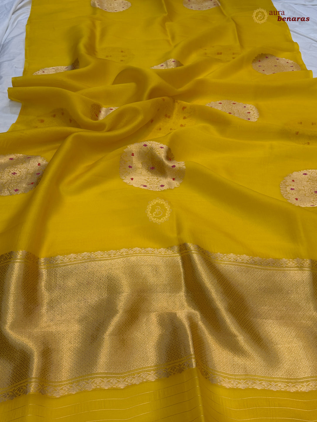 Yellow Pure Banarasi Handloom Kora Silk Saree - AuraBenaras
