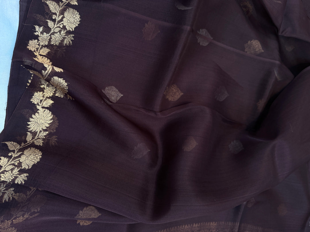 Brown Pure Kora Silk Handloom Banarasi Saree