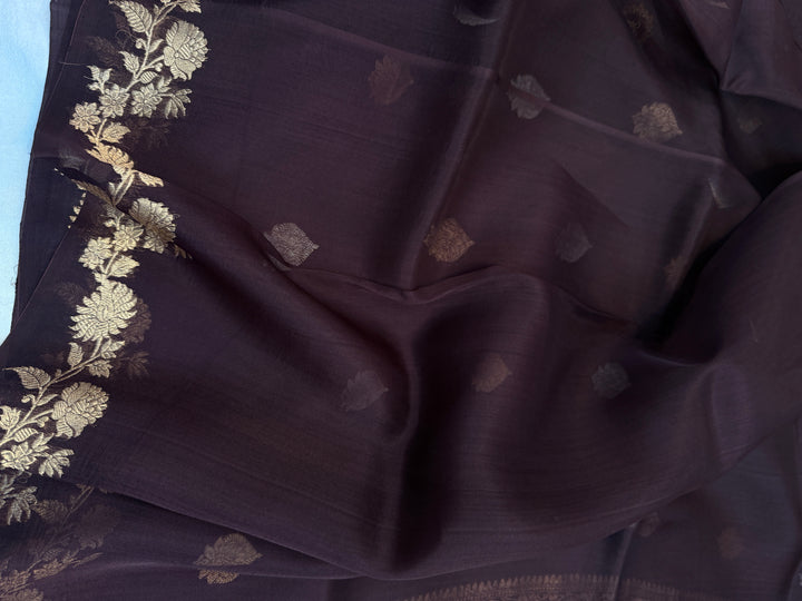 Brown Pure Kora Silk Handloom Banarasi Saree