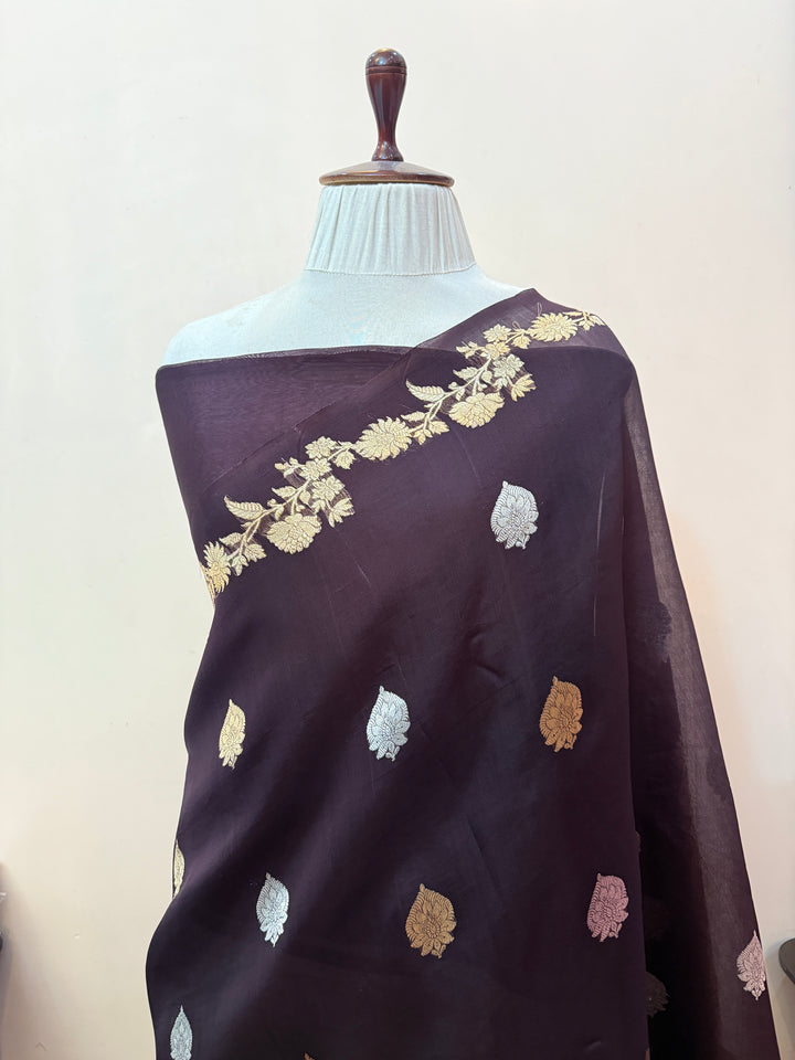 Brown Pure Kora Silk Handloom Banarasi Saree