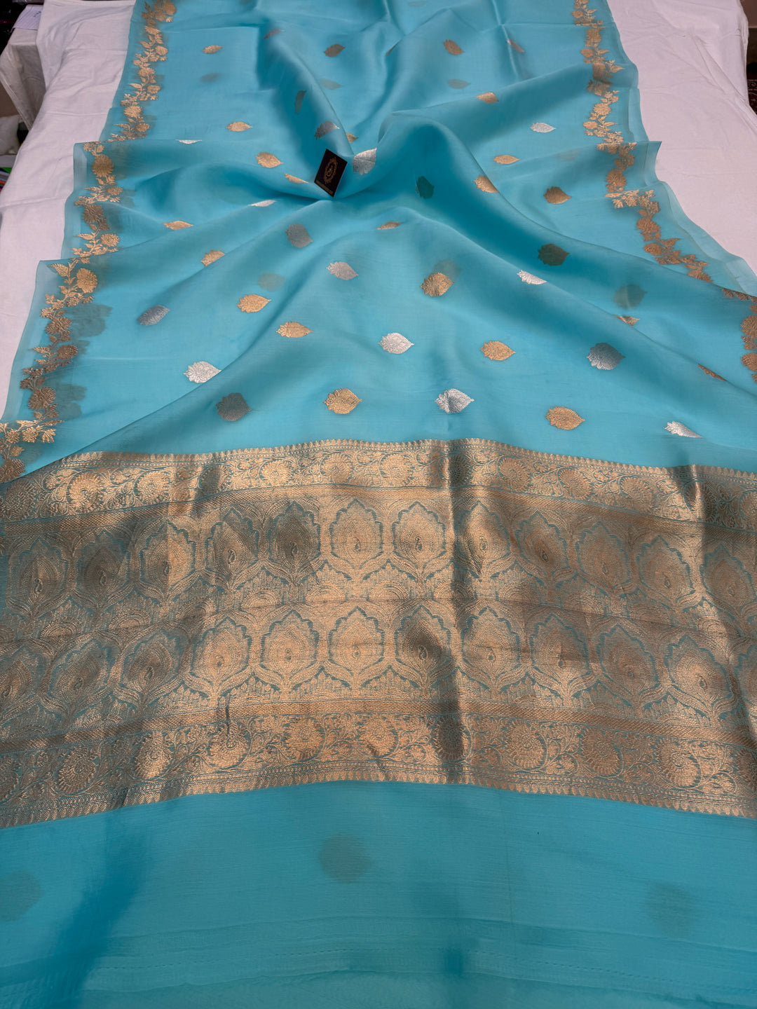 Sky Blue Pure Kora Silk Handloom Banarasi Saree