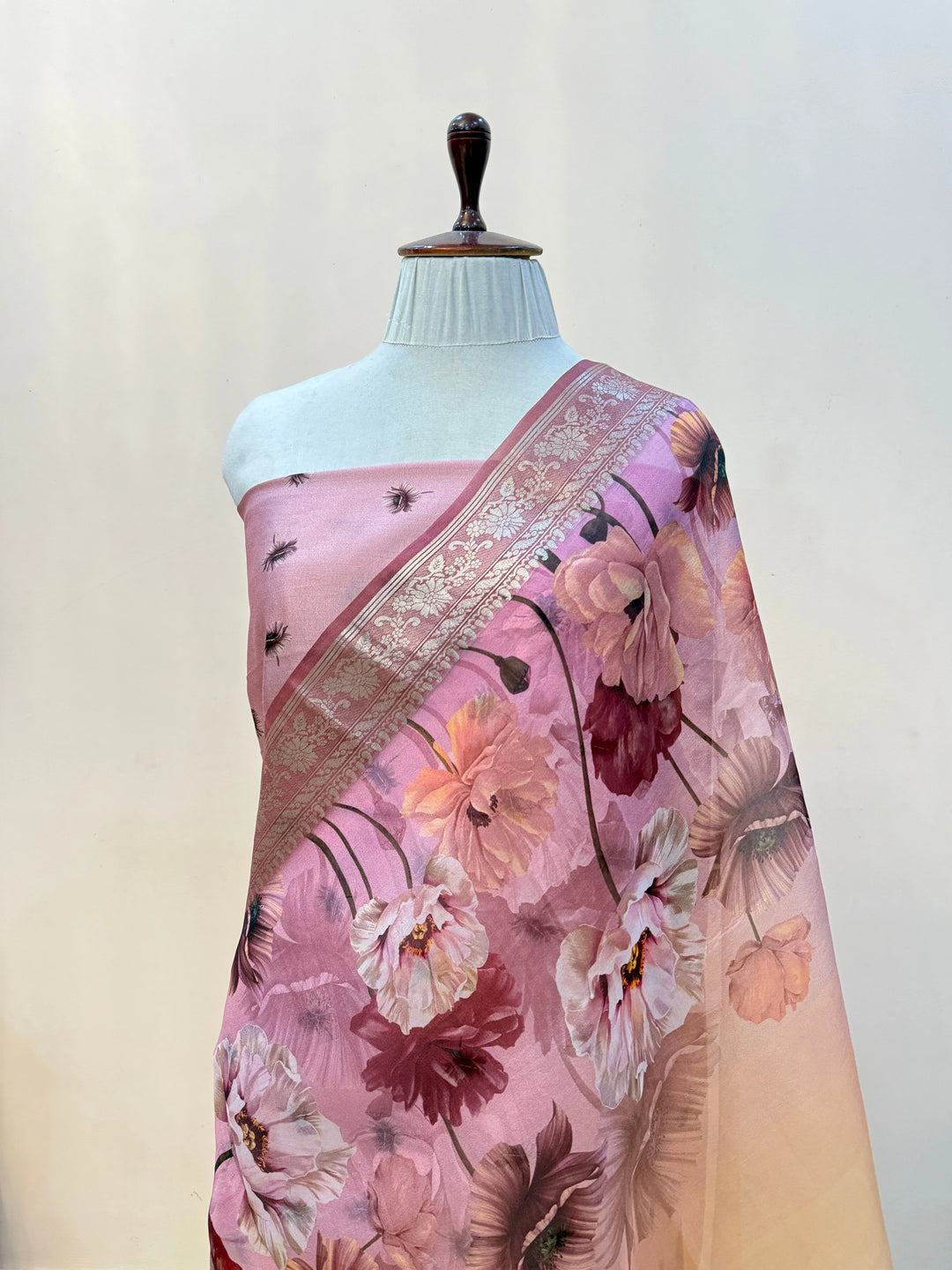 Cream-Pink Kora Silk Saree with Digital Print & Chiniya Blouse