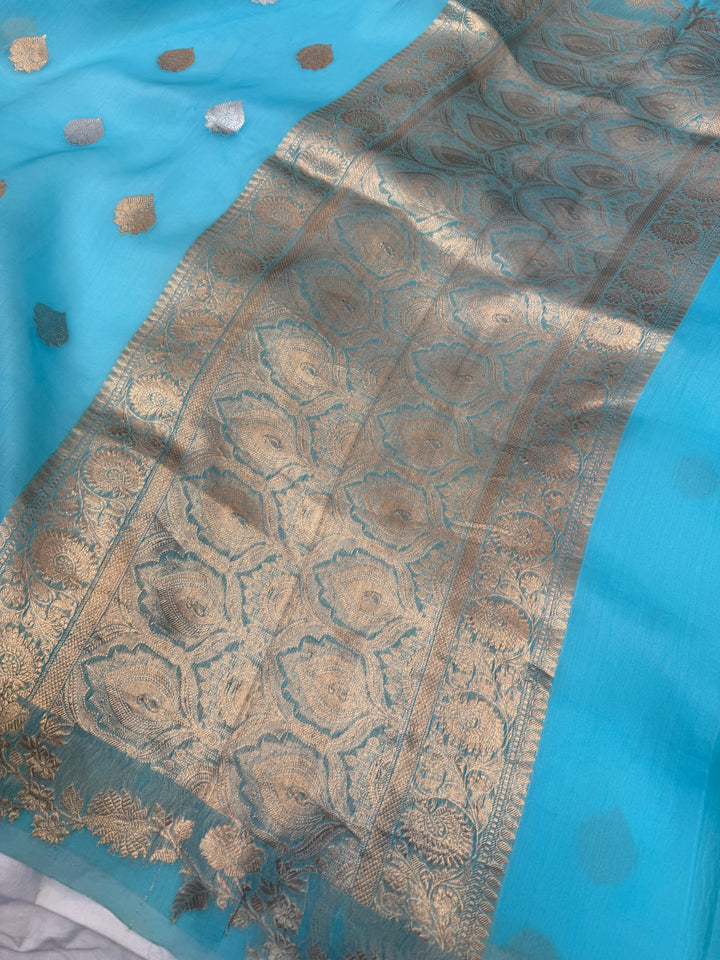 Sky Blue Pure Kora Silk Handloom Banarasi Saree