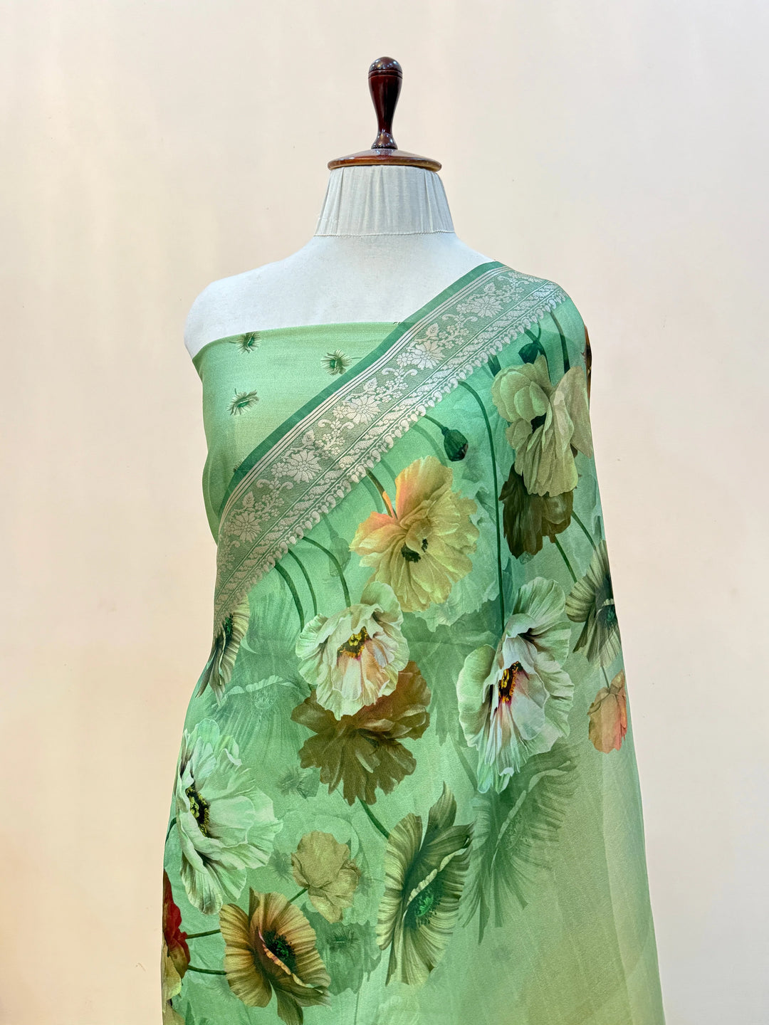 Yellow Green Kora Silk Saree with Digital Print & Chiniya Blouse
