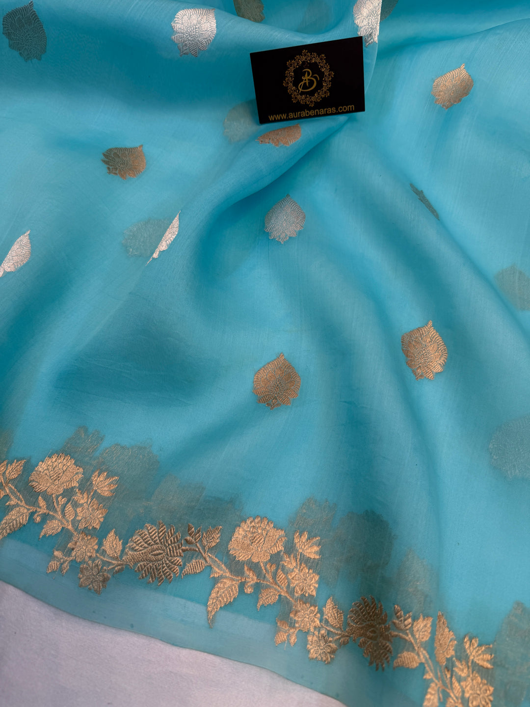 Sky Blue Pure Kora Silk Handloom Banarasi Saree