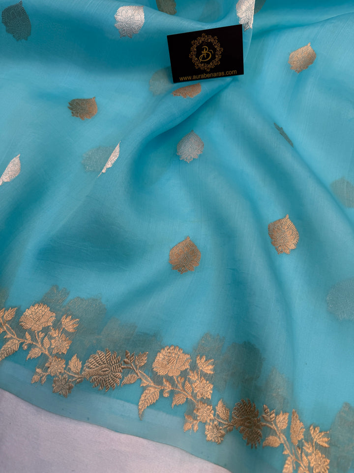 Sky Blue Pure Kora Silk Handloom Banarasi Saree