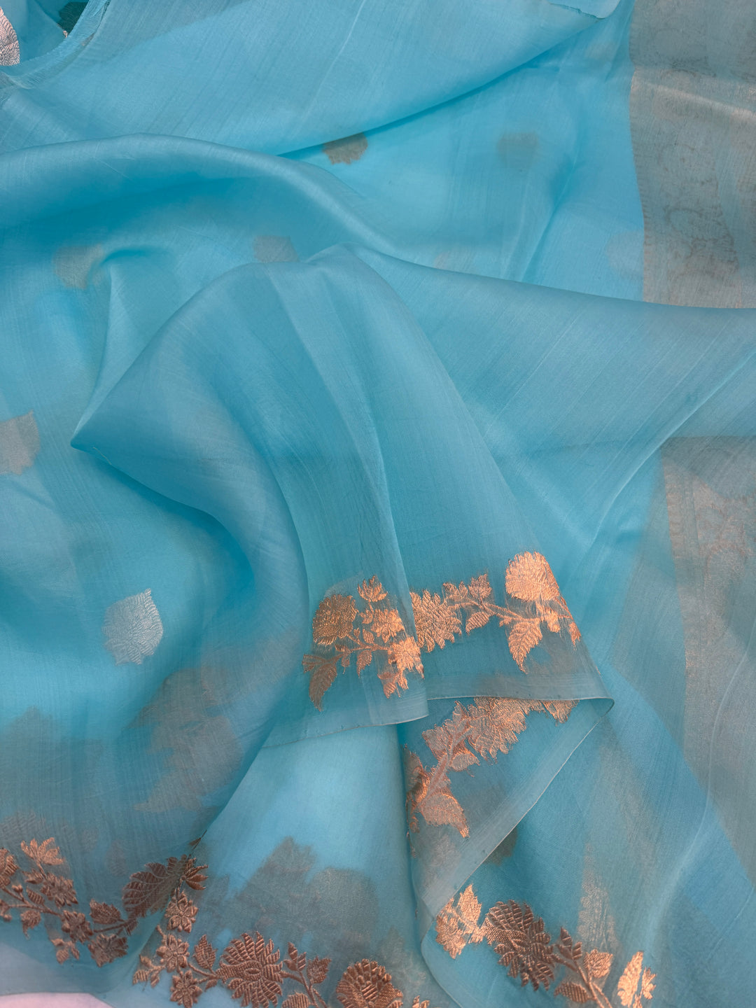 Sky Blue Pure Kora Silk Handloom Banarasi Saree