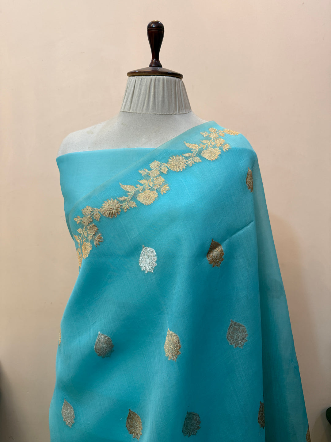Sky Blue Pure Kora Silk Handloom Banarasi Saree