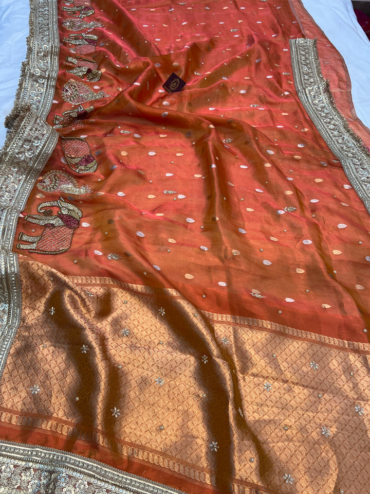Orange Pure Tissue Silk Handloom Banarasi Saree