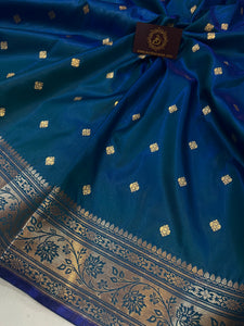 Firoze Blue Banarasi Handloom Satin Silk Saree - Aura Benaras