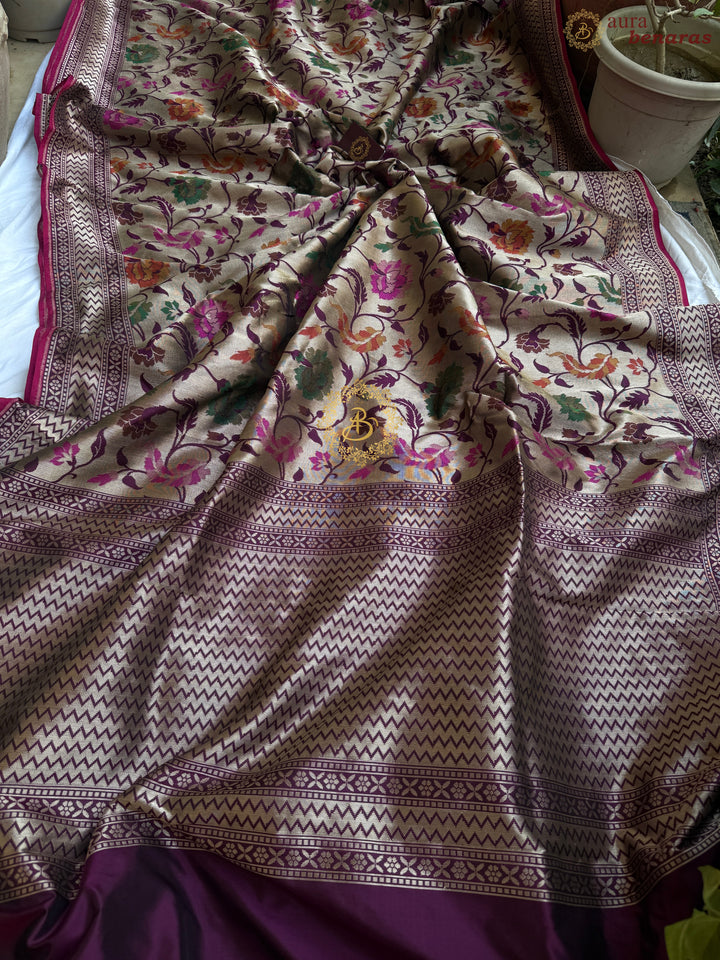 Wine Pure Katan silk Handloom Banarasi Saree
