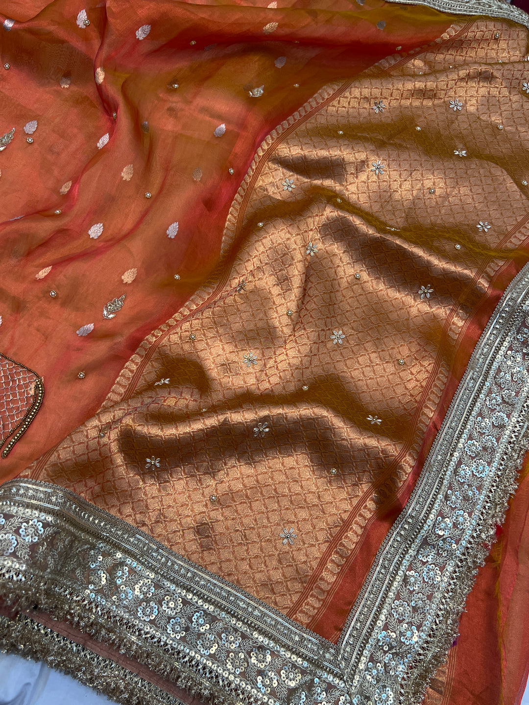 Orange Pure Tissue Silk Handloom Banarasi Saree