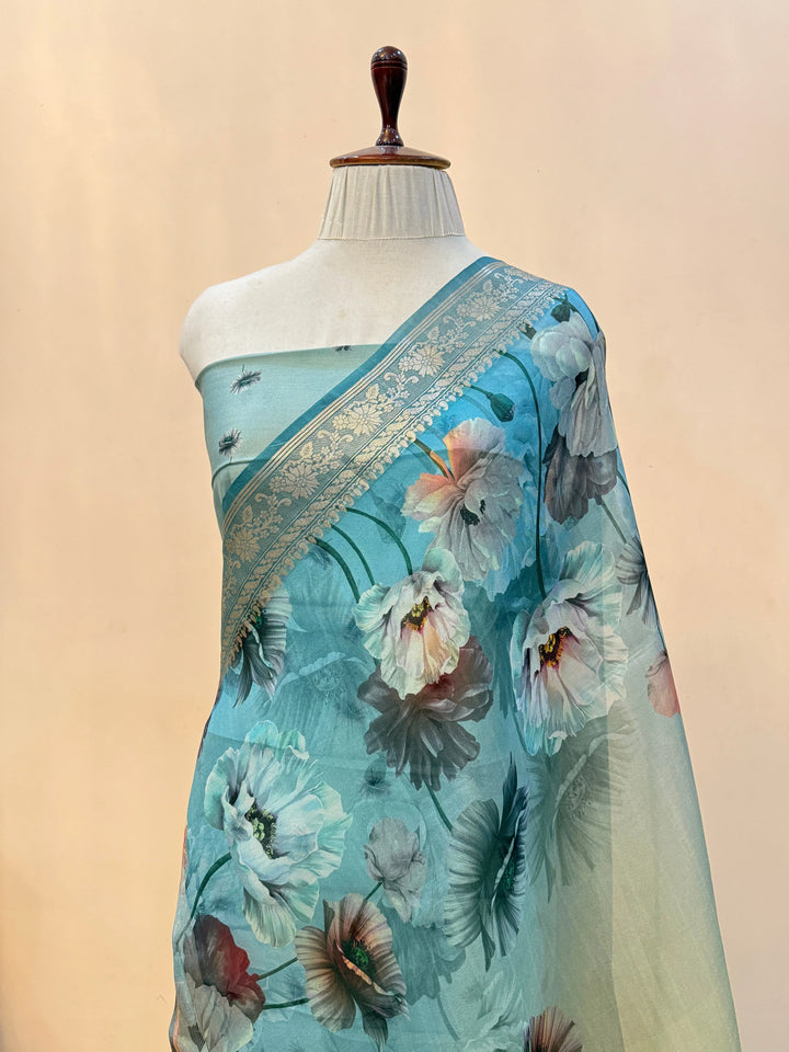 Cream-Blue Kora Silk Saree with Digital Print & Chiniya Blouse