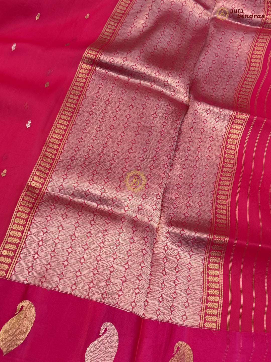 Hot Pink Kora Silk Banarasi Saree with Kadhwa Golden Zari Motif