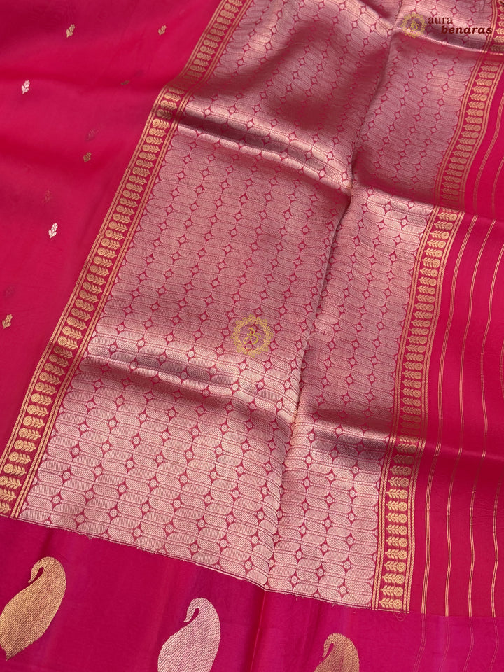 Hot Pink Kora Silk Banarasi Saree with Kadhwa Golden Zari Motif
