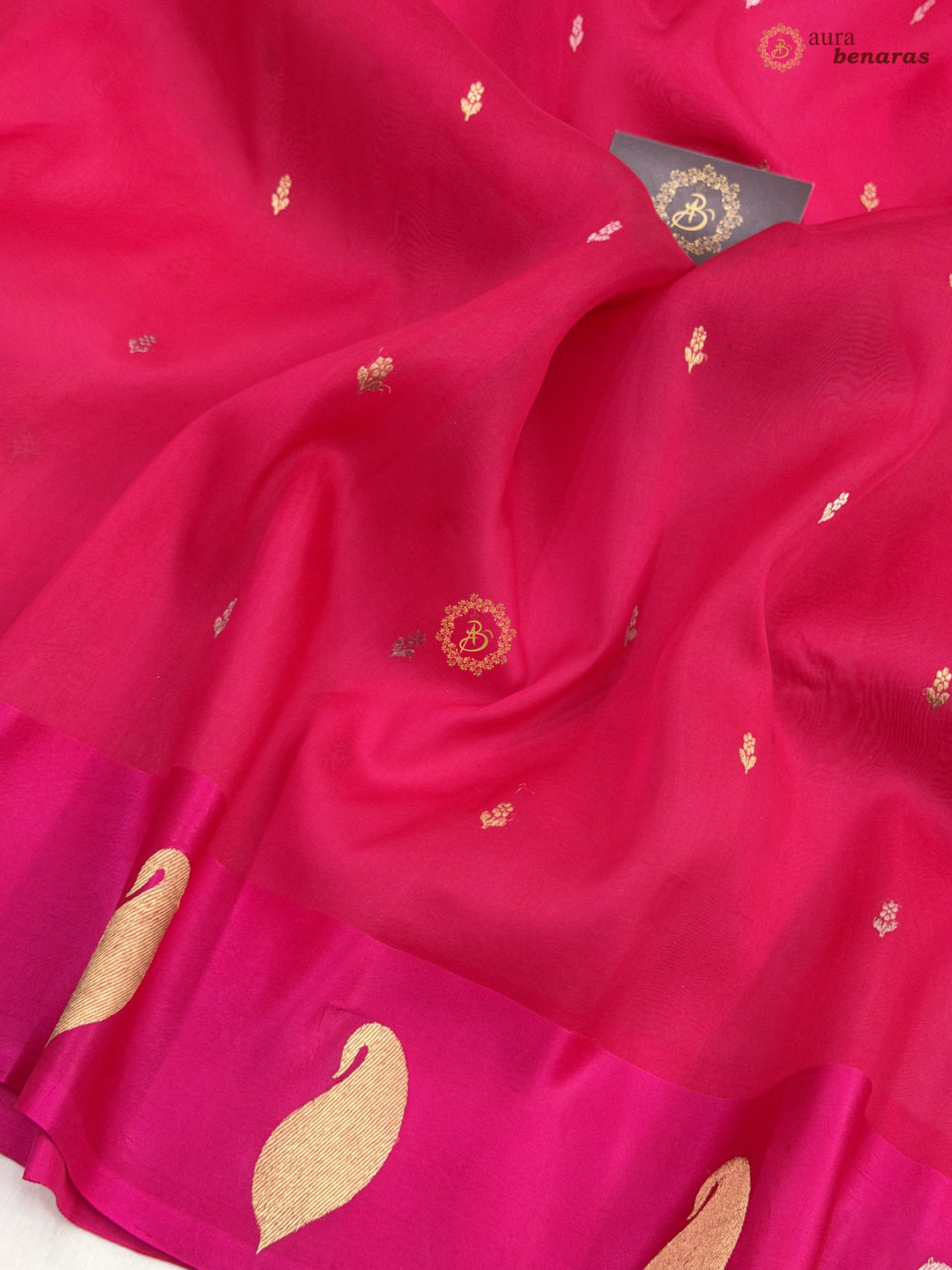 Hot Pink Kora Silk Banarasi Saree with Kadhwa Golden Zari Motif