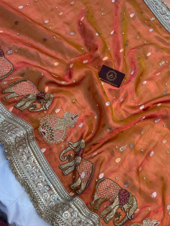 Orange Pure Tissue Silk Handloom Banarasi Saree