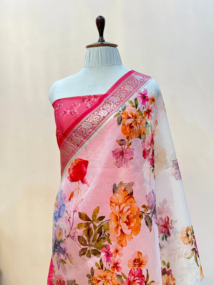 White Kora Silk Saree with Digital Print & Chiniya Blouse