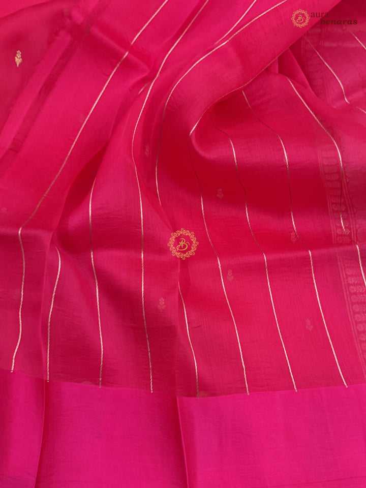 Hot Pink Kora Silk Banarasi Saree with Kadhwa Golden Zari Motif