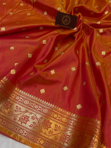 Orangish Pink  Banarasi Handloom Satin Silk Saree - Aura Benaras