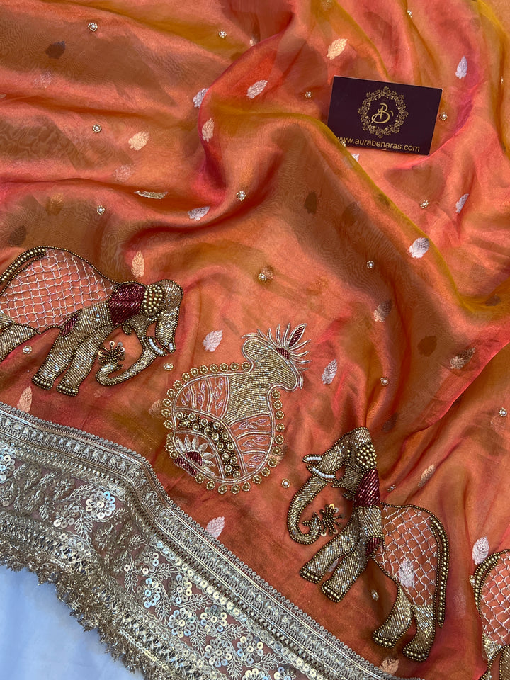 Orange Pure Tissue Silk Handloom Banarasi Saree