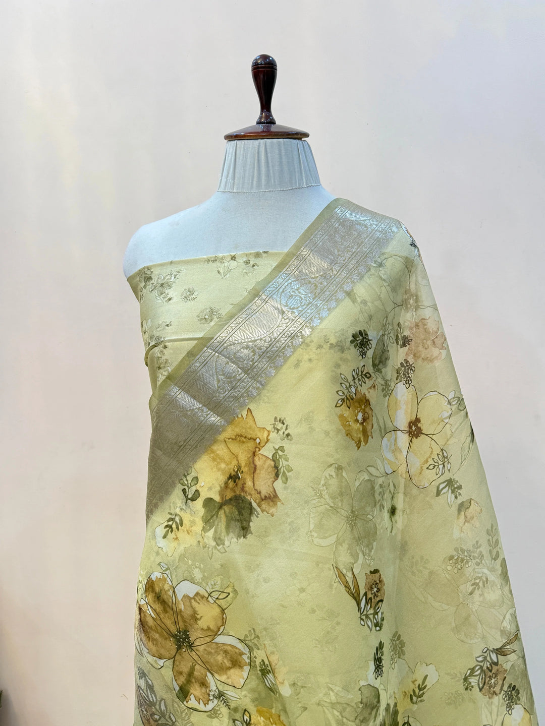 Beige Kora Silk Saree with Digital Print & Chiniya Blouse