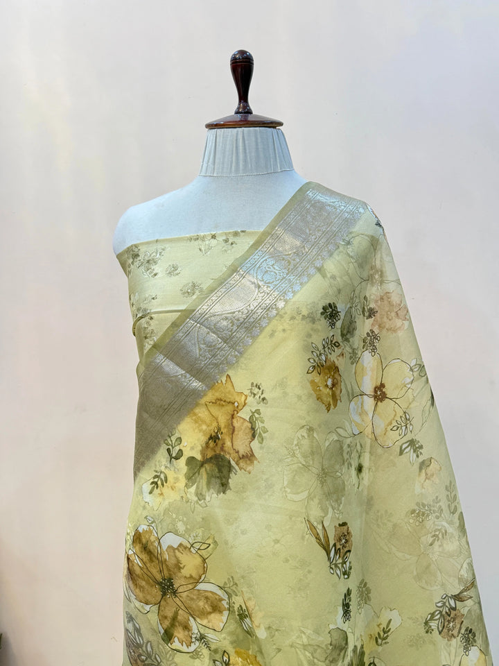 Beige Kora Silk Saree with Digital Print & Chiniya Blouse