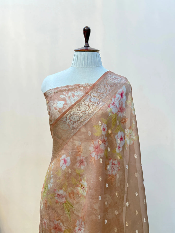 Beige Banarasi Handloom Kora Silk Saree