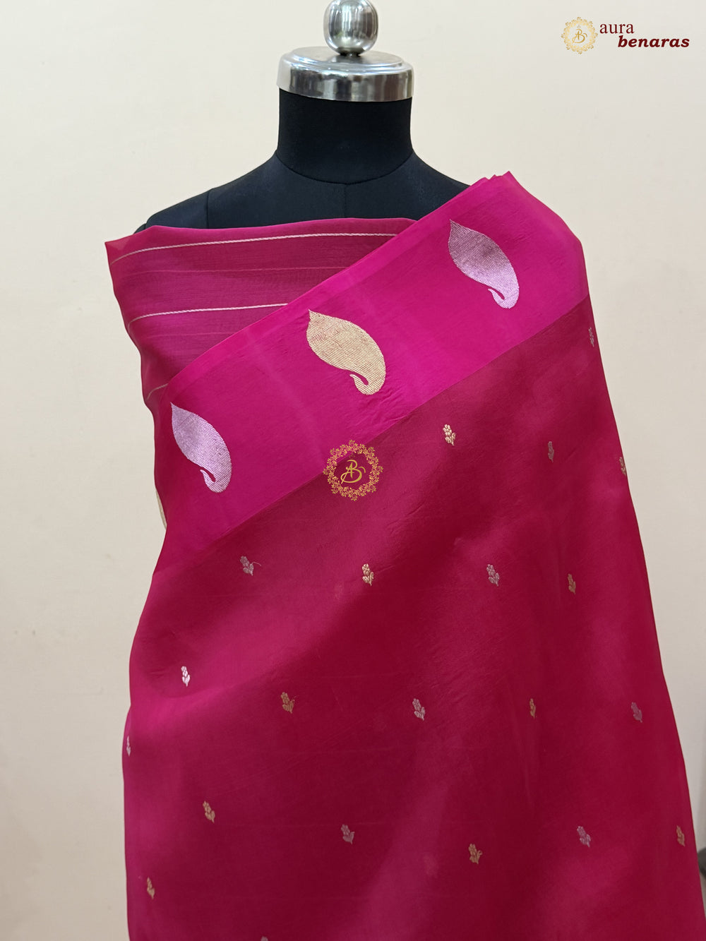 Hot Pink Kora Silk Banarasi Saree with Kadhwa Golden Zari Motif
