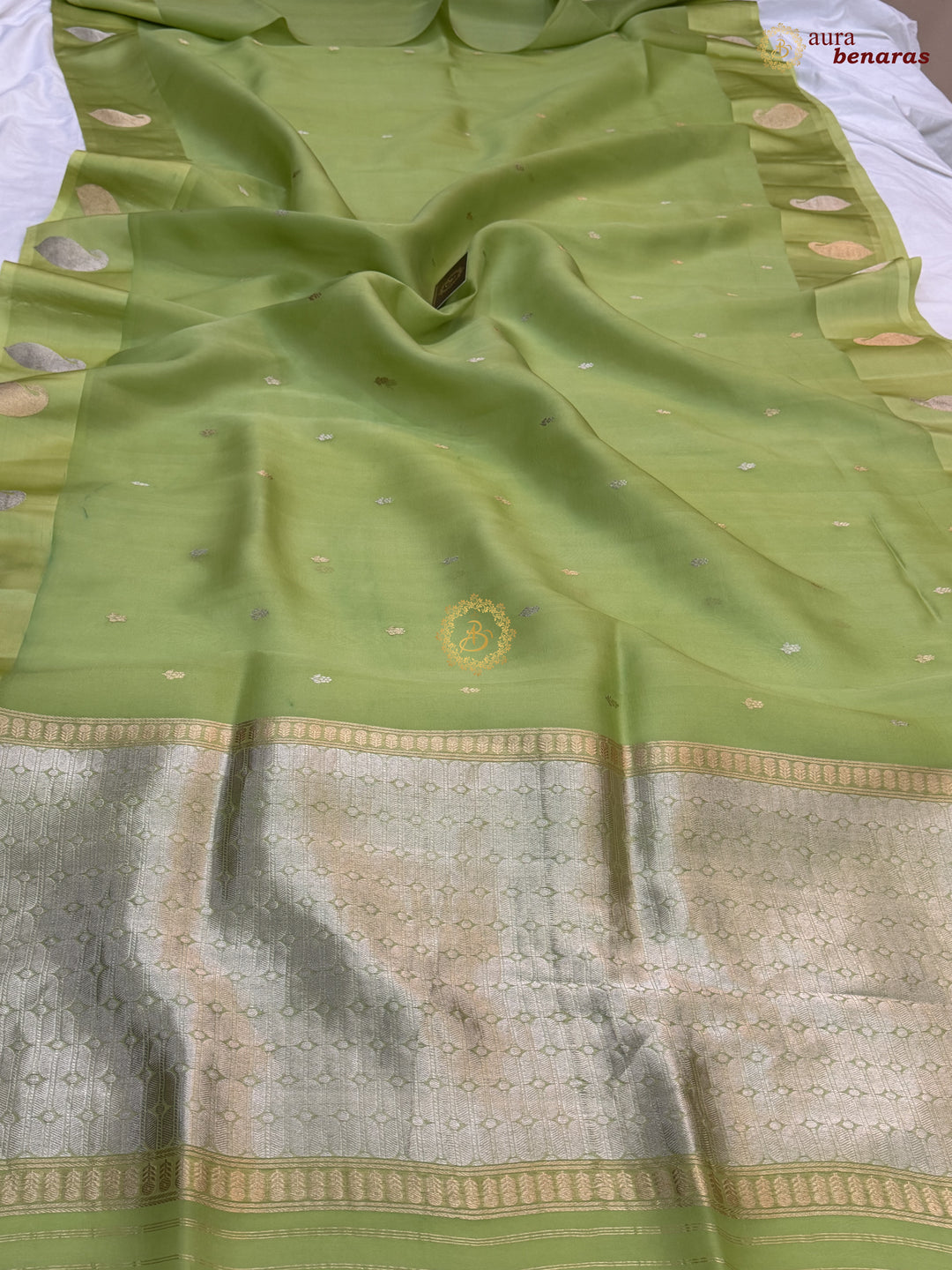 Pista Green Kora Silk Banarasi Saree with Kadhwa Golden Zari Motif