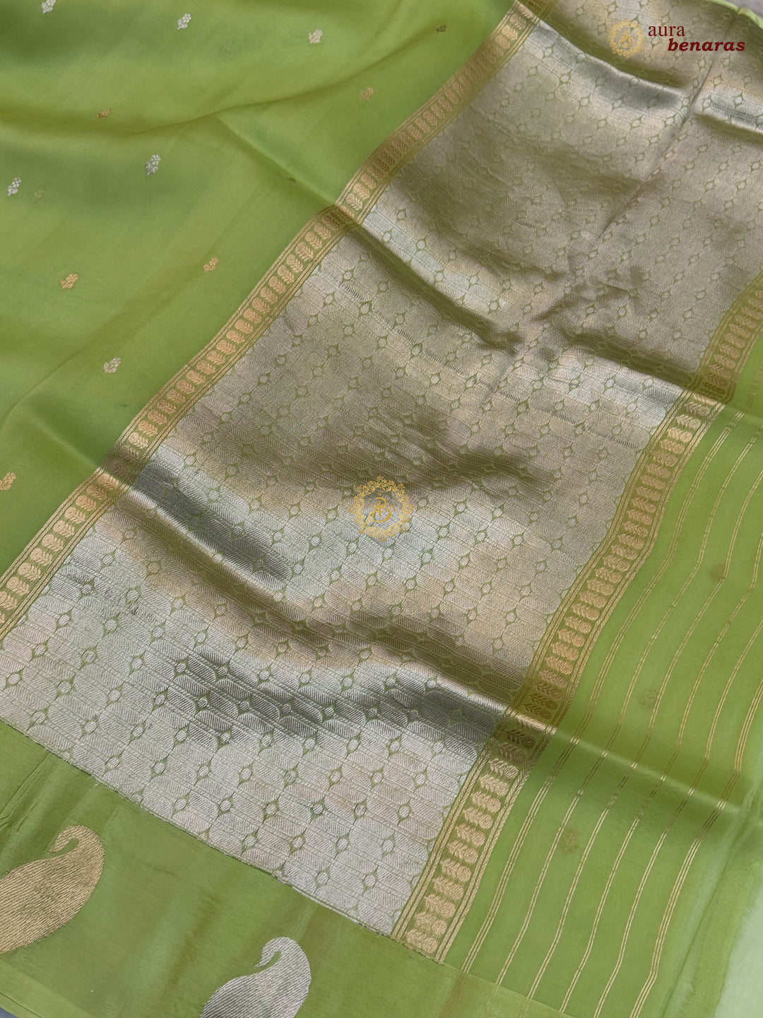 Pista Green Kora Silk Banarasi Saree with Kadhwa Golden Zari Motif