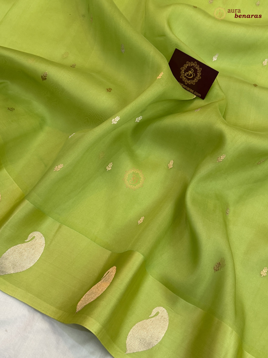 Pista Green Kora Silk Banarasi Saree with Kadhwa Golden Zari Motif