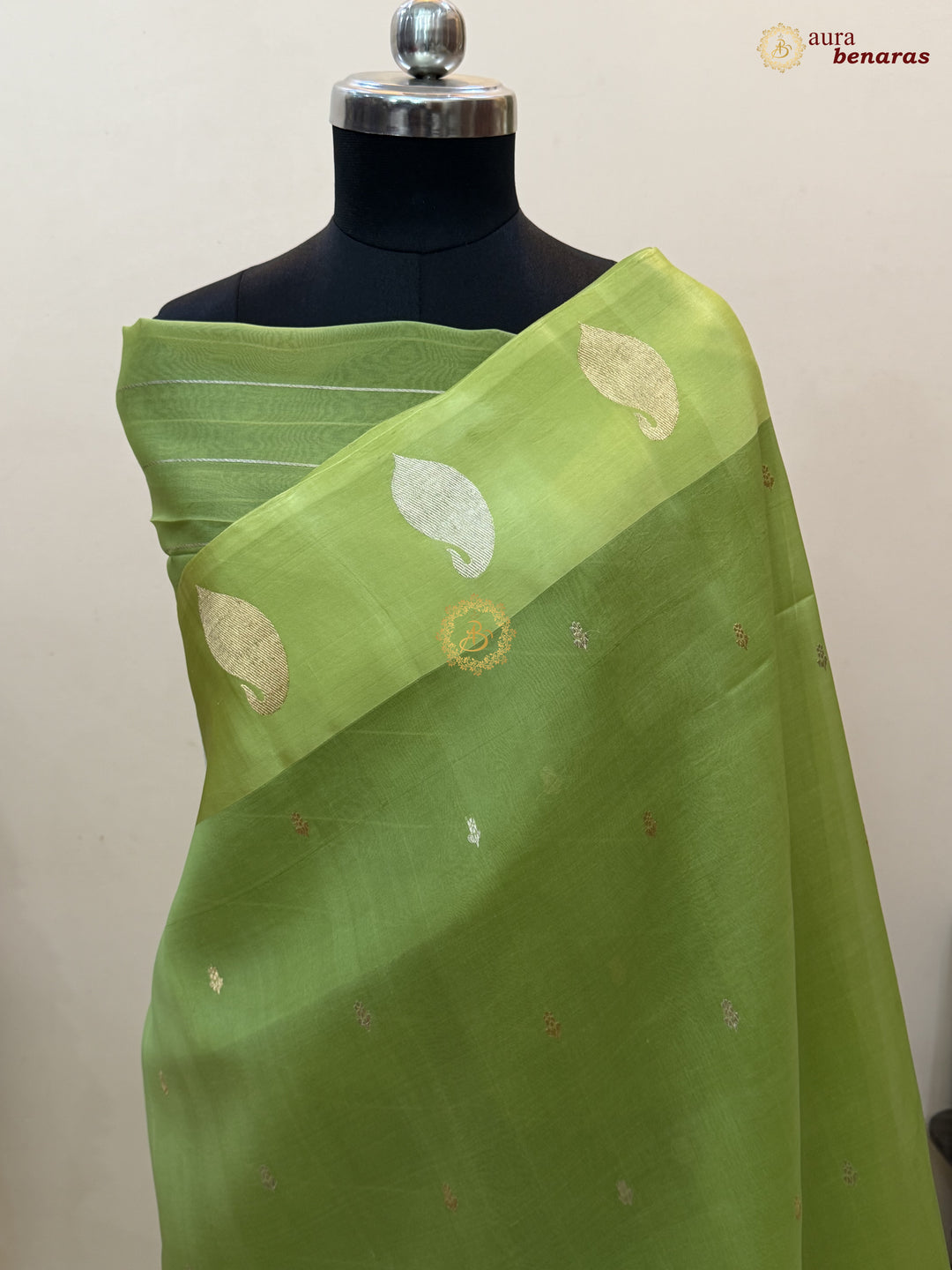 Pista Green Kora Silk Banarasi Saree with Kadhwa Golden Zari Motif