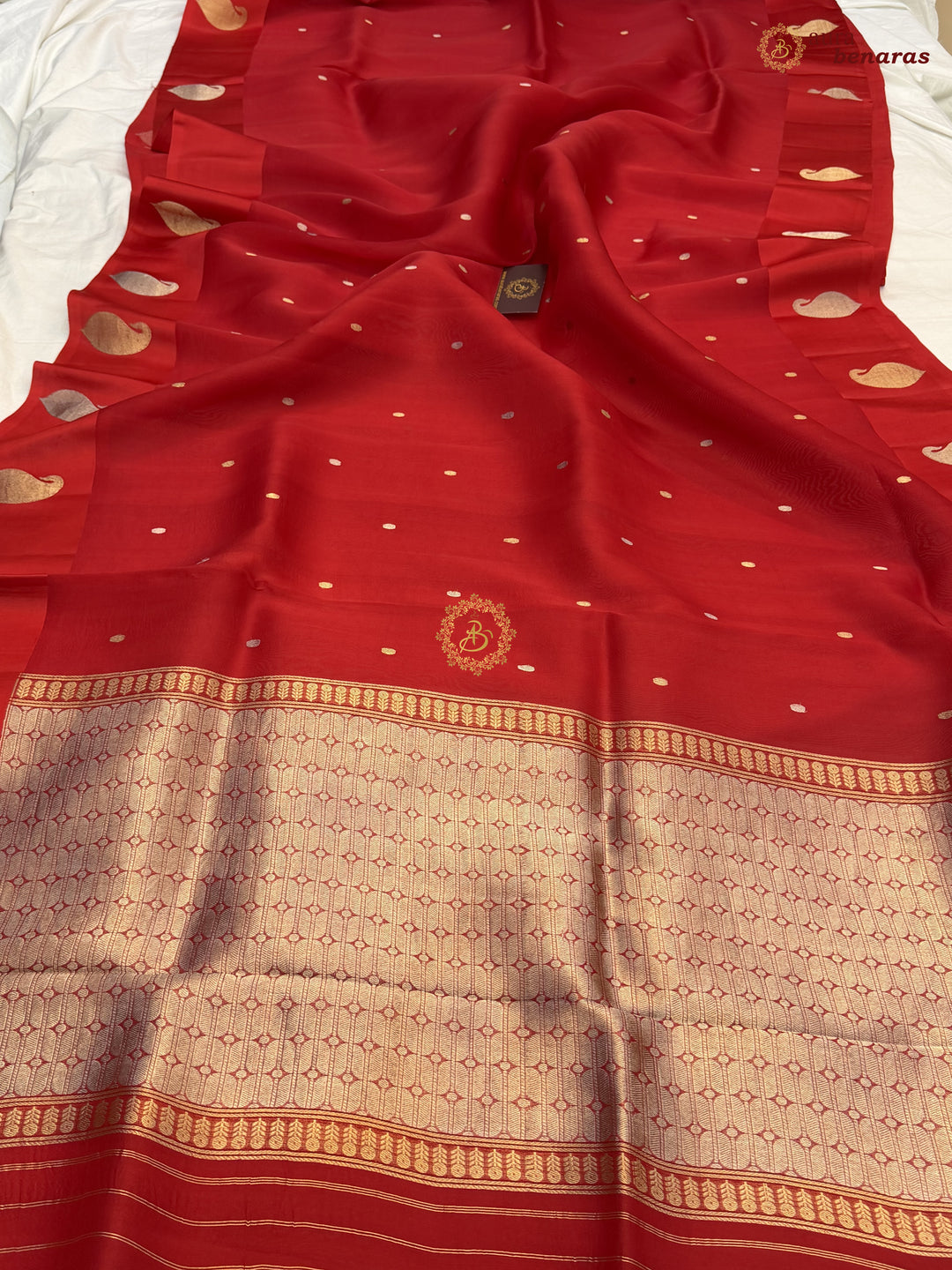 Deep Red Kora Silk Banarasi Saree with Kadhwa Golden Zari Motif