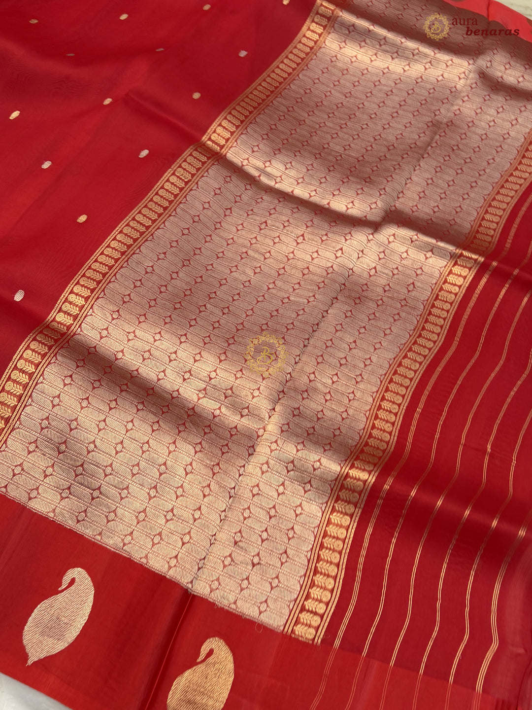 Deep Red Kora Silk Banarasi Saree with Kadhwa Golden Zari Motif