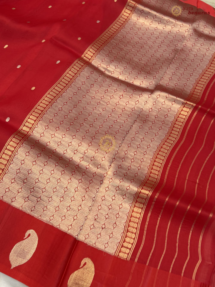 Deep Red Kora Silk Banarasi Saree with Kadhwa Golden Zari Motif