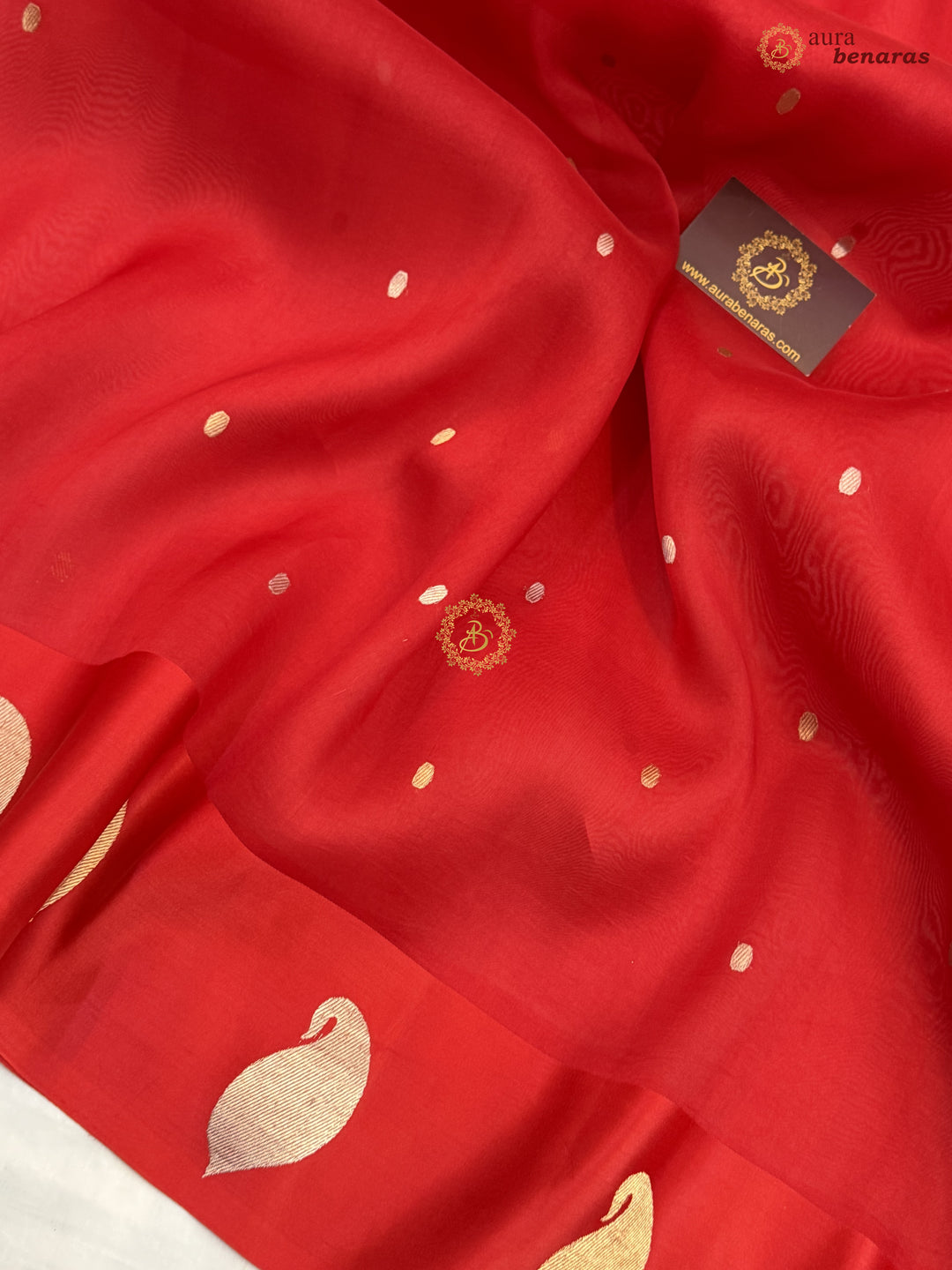 Deep Red Kora Silk Banarasi Saree with Kadhwa Golden Zari Motif