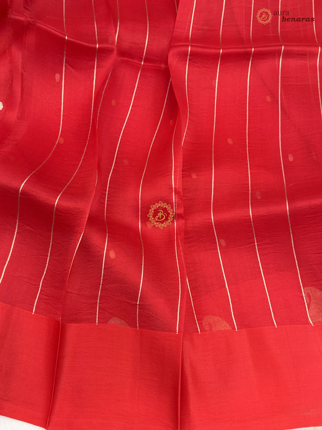 Deep Red Kora Silk Banarasi Saree with Kadhwa Golden Zari Motif