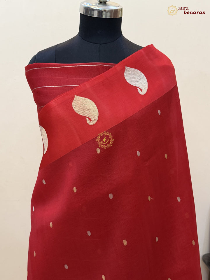 Deep Red Kora Silk Banarasi Saree with Kadhwa Golden Zari Motif
