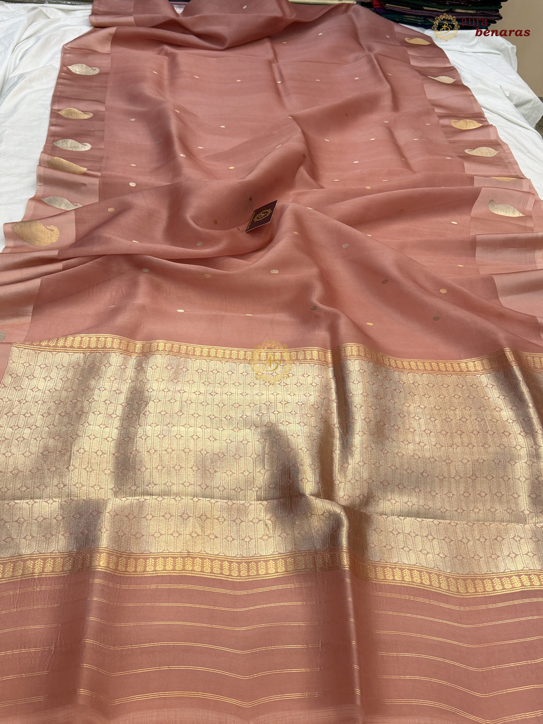 Old Rose Kora Silk Banarasi Saree with Kadhwa Golden Zari Motif