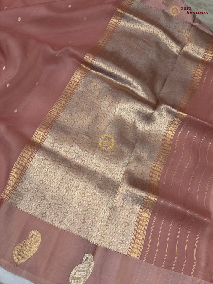 Old Rose Kora Silk Banarasi Saree with Kadhwa Golden Zari Motif