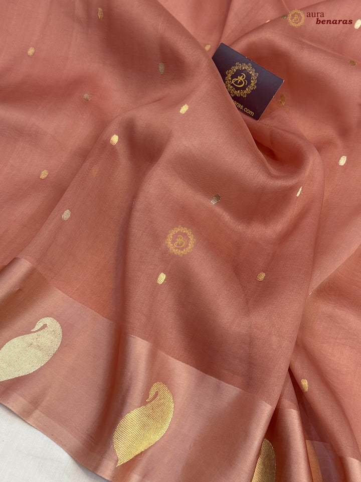 Old Rose Kora Silk Banarasi Saree with Kadhwa Golden Zari Motif