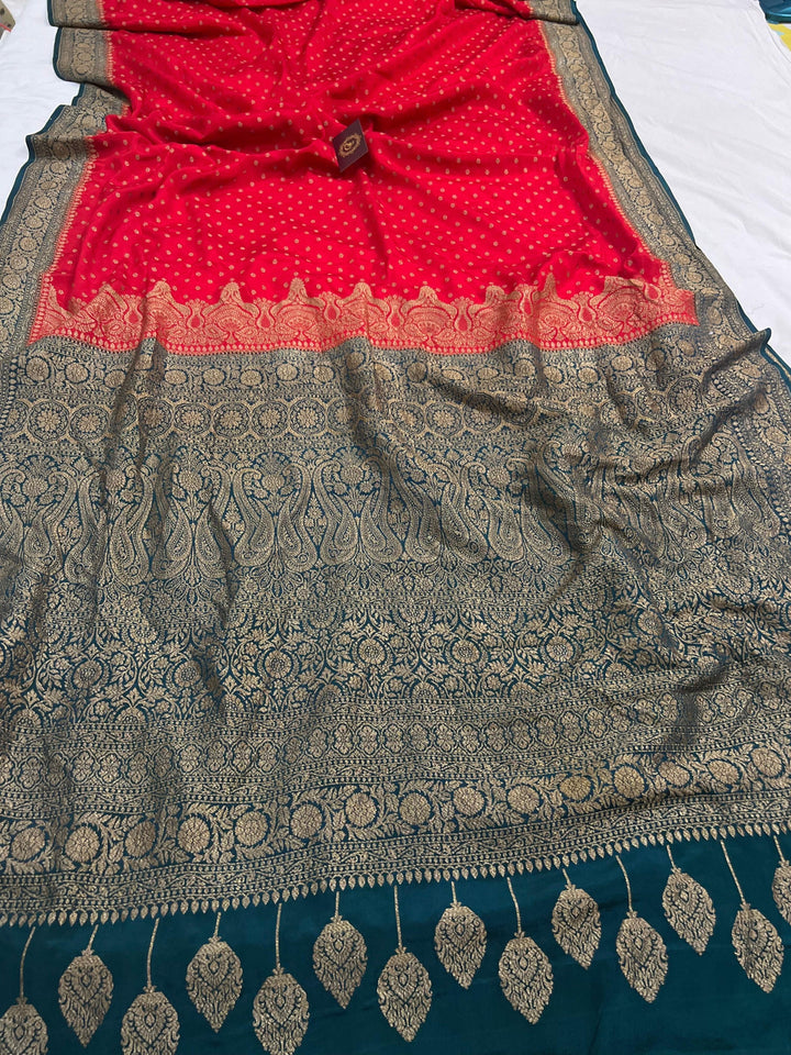 Red Pure Banarasi Khaddi Crepe Silk Saree - Aura Benaras