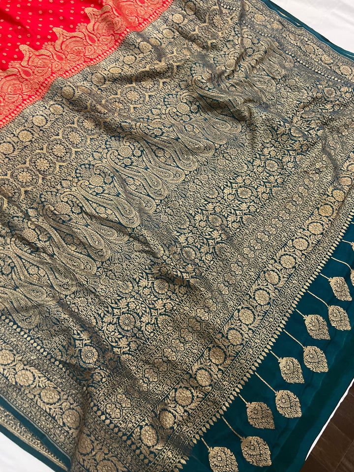 Red Pure Banarasi Khaddi Crepe Silk Saree - Aura Benaras