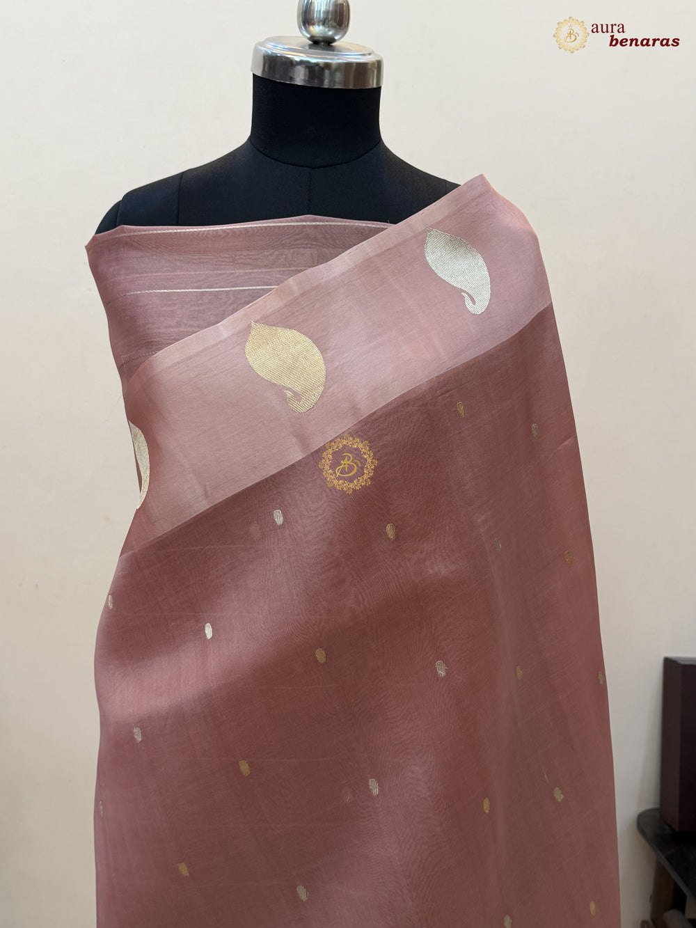 Old Rose Kora Silk Banarasi Saree with Kadhwa Golden Zari Motif
